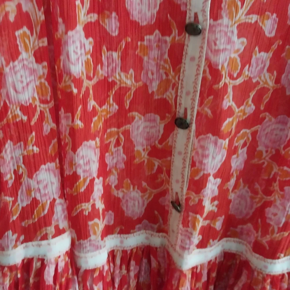 Free People Orange & Red Patchwork Floral Semi Sheer Boho Babydoll Tunic Dress
